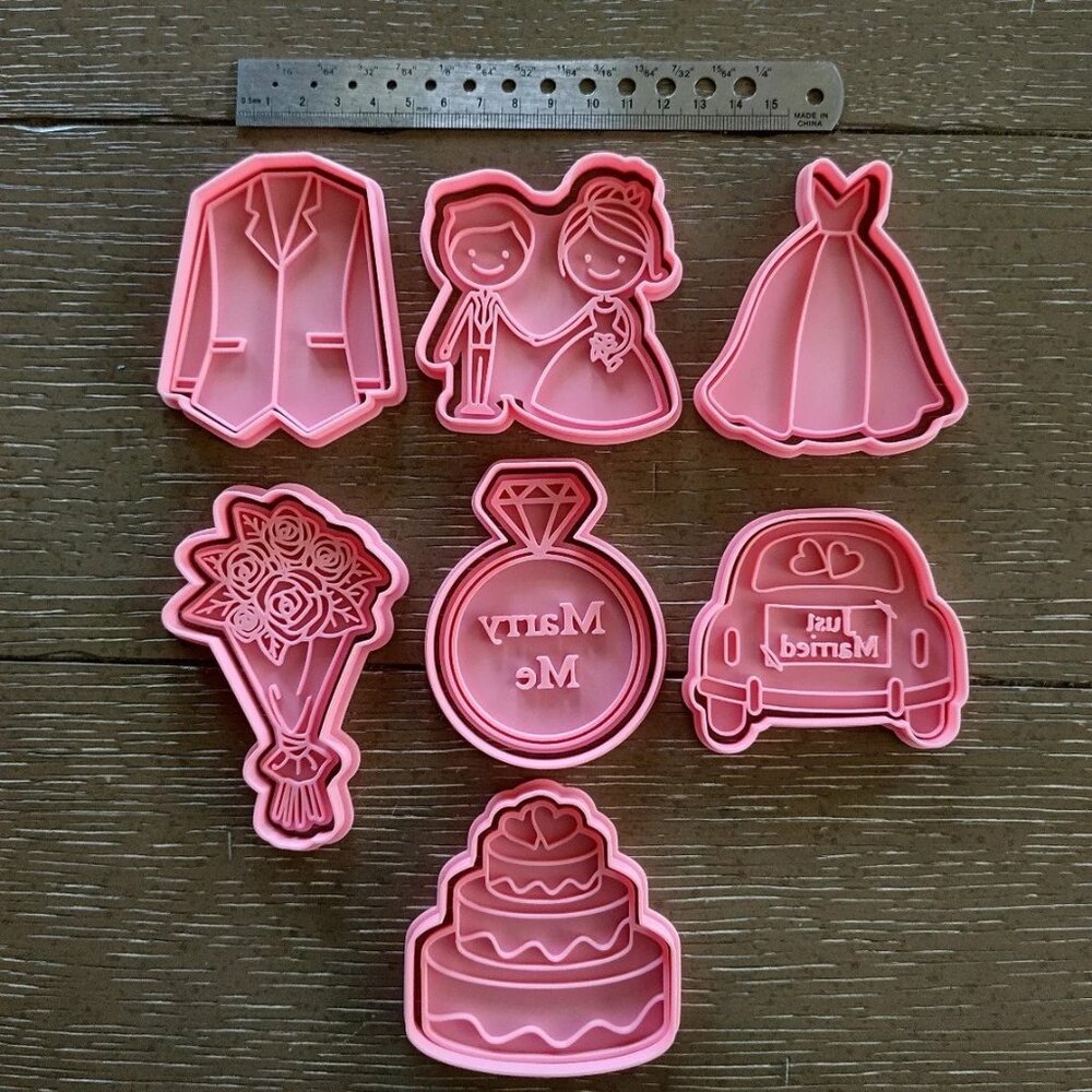 7-Piece Wedding Themed Cookie Cutters & Stamp Set - Perfect Gift